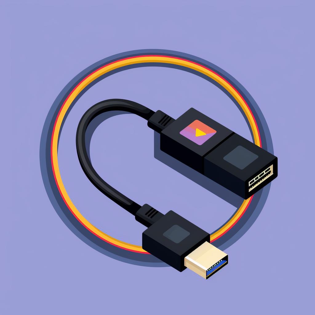 An HDMI cable being connected to a video adapter and a TV